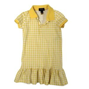 Polo Ralph Lauren Gingham Mesh Polo Dress Girls Size 5 Yellow Stretch‎ Cotton